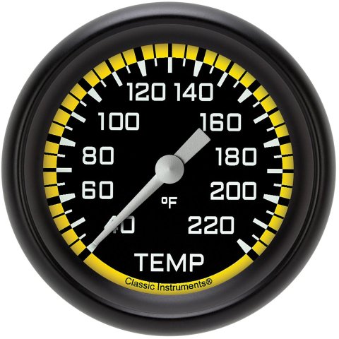 Classic Instruments Auto Cross Yellow Series Gauges AX329YBPF Gauges, Series, Water Temperature, 40-220 degrees F, Analog, Electrical, 2 5/8 in., Black Face, White Numbers, Black Bezel, Each