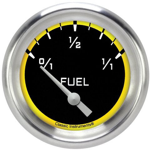 Classic Instruments Auto Cross Yellow Series Gauges AX214YAPF Gauges, Series, Fuel Level, 0/1-1/1, Analog, Electrical, 2 5/8 in., Black Face, White Numbers, 0 ohms Empty, 30 ohms Full, Each