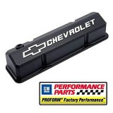 Proform GM Licensed Slant Edge Valve Covers 141-921 Covers, Cast Aluminum, Black Powdercoat, Tall, Chevrolet, Bowtie Emblem, Chevy, Small Block, Pair thumbnail 2