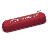 Proform GM Licensed Slant Edge Valve Covers 141-267 Covers, Edge, Tall, Center Bolt, Cast Aluminum, Red, Chevrolet Logo, Chevy, LS, Pair thumbnail 1