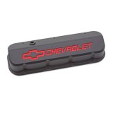 Proform GM Licensed Slant Edge Valve Covers 141-876 Covers, Edge, Tall, Perimeter Bolt, Cast Aluminum, Textured Black Powdercoated, Chevrolet Logo Top Style, Chevrolet, Big Block, Pair thumbnail 1