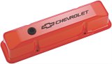 Proform GM Licensed Diecast Aluminum Chevrolet Valve Covers 141-118 Covers, Tall, Die-Cast Aluminum, Orange Powdercoated, Bowtie Emblem, Chevy, Small Block, Pair thumbnail 1