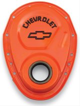 Proform Chevy Bowtie Timing Chain Covers 141-783 Cover, One-piece, Steel, Orange, Black, Chevrolet and Emblem, Chevy, Each thumbnail 1