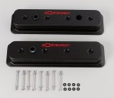 Proform GM Licensed Diecast Aluminum Chevrolet Valve Covers 141-131 Covers, Tall, Cast Aluminum, Black Wrinkle, Logo, Centerbolt, Chevy, Small Block, Pair thumbnail 1