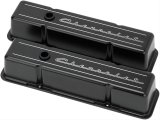 Billet Specialties Diecast Aluminum Valve Covers BLK95223 Covers, Tall, Die-cast Aluminum, Black Powdercoated, Chevrolet Logo, Chevy, Small Block, Pair thumbnail 1