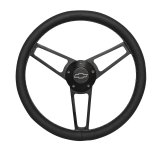 Grant Billet Steering Wheels 1906-1 Wheels, Series, 14.75 in. Diameter, Leather Grip, Aluminum, 3-Spoke, Black, with Chevy Bowtie Horn Button, Install Hub, Chevy, Each thumbnail 1