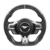 Drake Steering Wheels for 2018-2023 MUSTANG - MU950-11 Wheel, Carbon Fiber with Leather Grips, 3 Spoke, Flat Bottom, Silver Stitching, Reuse Airbag and Factory Controls, Black, Ford, Each thumbnail 1