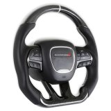 Drake Steering Wheels CH950-19 Wheel, Carbon Fiber with Leather Grips, 3 Spoke, Flat Bottom, Silver Stitching, Heated, Reuse Airbag and Factory Controls, Black, Dodge, Each thumbnail 1