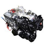 BluePrint Engines GM 496 C.I.D. 600 HP Stroker Dressed Carbureted Long Block Crate BP4967CTCKB Engine with Carb, Plugs, Wires, & Complete Black Pulley Kit Installed w/ WP, Alt, A/C. thumbnail 3
