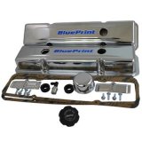 BluePrint Engines Valve Cover Kits BPP9518 Covers, Small Block Chevy, Steel, Chrome, Baffled, with Breathers, Gaskets, Grommets, Hardware, PCV Valve, Logo, Kit thumbnail 1