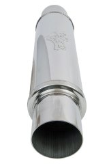 FlowMonster 1-Chamber 409 Stainless Steel 3 Inch Muffler 14419-FM Muffler, 1-Chamber, Staight-Through, 3.00 in. Inlet/Outlet, Round, 20.00 in. Length, 4.00 in. Diameter, Stainless, Polished, Each thumbnail 7