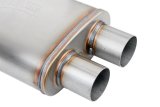 FlowMonster Absorption 409 Stainless Steel 2.5 Inch Muffler 11386-FM Mufflers, Mufflers, Oval Case, 2.50 in. Offset Dual Inlet/Outlet, Reversible, Stainless, Natural, 14.00 in. Case Exterior Length, Each thumbnail 2