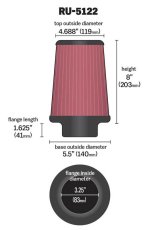 K&N Filter Universal Rubber Filter 3.25 Flange 5.5 Base 4.6875 Top 8 Height thumbnail 5