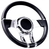 Steering Wheel - Waterfall - 13.81 in Diameter - 3-Spoke - Black Leather Grip - Aluminum - Polished - Each thumbnail 1