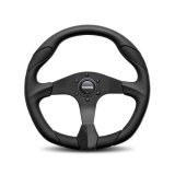 Steering Wheel - Quark - 350 mm Diameter - 40 mm Dish - 3-Spoke - Black Polyurethane / Black Leather Insert Grip - Aluminum - Black Anodized - Each thumbnail 1