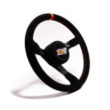 Steering Wheel - Bandolero / Legends - 13.75 in Diameter - 3.5 in Dish - 3-Spoke - Black Suede Grip - Orange Stripe - Aluminum - Black Anodized - Each thumbnail 1