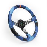Steering Wheel - Vaughn Gittin Jr. Drift - 13.75 in Diameter - 2.36 in Dish - 3-Spoke - Black / Blue Leather Grip - Orange Stripe - Center Cap - Aluminum - Black / White Anodized - Each thumbnail 1