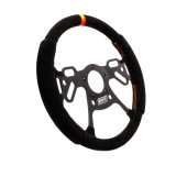 Steering Wheel - Drag Race - 12 in Diameter - Flat - 4-Spoke - Black Suede Grip - Orange Stripe - Aluminum - Black Anodized - Each thumbnail 1