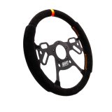 Steering Wheel - Drag Race - 13 in Diameter - Flat - 4-Spoke - Black Suede Grip - Orange Stripe - Aluminum - Black Anodized - Each thumbnail 1
