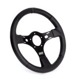 Steering Wheel - Drag Race - 13 in Diameter - 1.25 in Dish - 3-Spoke - Black Leather Grip - Black Stripe - Aluminum - Black Anodized - Each thumbnail 1