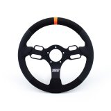 Steering Wheel - Drag Race - 13 in Diameter - 1.25 in Dish - 3-Spoke - Black Synthetic Grip - Orange Stripe - Aluminum - Black Anodized - Each thumbnail 1