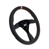 Steering Wheel - Touring Car / GT / Off Road / SXS / Drifting / Track Days - 14 in Diameter - 1.25 in Dish - 3-Spoke - Black Synthetic Grip - Orange Stripe - Aluminum - Black Anodized - Each thumbnail 1