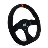 Steering Wheel - Touring car / GT / Track days / SXS - 13 in Diameter - D-Shaped - 1.25 in Dish - 3-Spoke - Black Suede Grip - Orange Stripe - Aluminum - Black Anodized - Each thumbnail 1