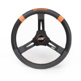Steering Wheel - Dirt karting / Micro sprint / Mini outlaw - 15 in Diameter - 2.25 in Dish - 3-Spoke - Synthetic Grip - Orange Stripes - Aluminum - Black Anodized - Each thumbnail 1