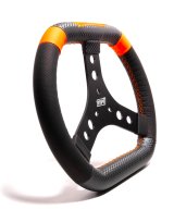 Steering Wheel - Karting / Quarter Midget / Mini Outlaw - 11.75 in Diameter - 0.75 in Dish - 3-Spoke - Black Synthetic Grip - Orange Stripes - Aluminum - Black Anodized - Each thumbnail 1