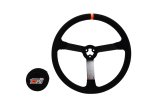 Steering Wheel - Late Model - 15 in Diameter - 3.25 in Dish - 3-Spoke - Black Suede Grip - Orange Stripe - Steel - Black Powder Coat - Each thumbnail 1