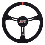Steering Wheel - Late Model - 15 in Diameter - 3.25 in Dish - 3-Spoke - Black Suede Grip - Orange Stripe - Center Pad Included - Aluminum - Black Anodized - Each thumbnail 1
