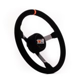 Steering Wheel - Lightweight - 16 in Diameter - 3.5 in Dish - 3-Spoke - Black Suede Grip - Orange Stripe - Thumb Insert - Steel - Black Powder Coat - Each thumbnail 1