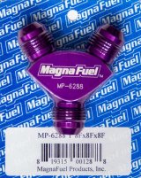 Fitting - Y Block - 8 AN Male Inlet - Dual 8 AN Male Outlets - Aluminum - Purple Anodized - Each thumbnail 1