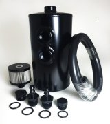 Breather Tank - Bolt-On - 101.6 mm Diameter x 210.64 in Tall - 24 oz - Dual 10 AN O-Ring Female Inlet - Breather / Fittings / Hose Included - Aluminum - Black Anodized - Each thumbnail 1