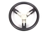 Steering Wheel - 15 in Diameter - 3 in Dish - 3-Spoke - Black Rubberized Grip - Aluminum - Brushed - Each thumbnail 1
