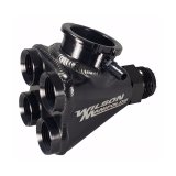 Coolant Manifold - Four 12 AN Female O-Ring Inlets - 16 AN Outlet - Radiator Cap Bung - Aluminum - Black Anodized - Each thumbnail 1